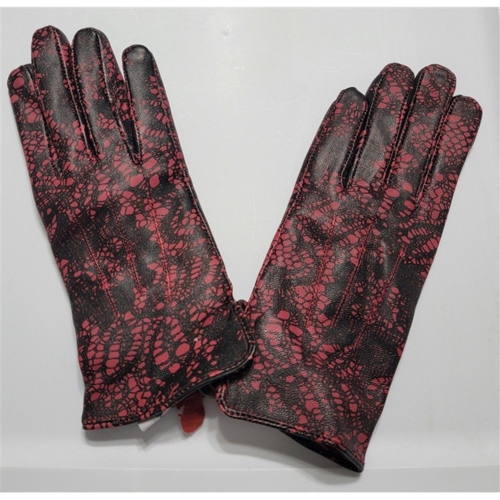 NWOT Harve Benard S Red Black Lace Print Leather Touchscreen Gloves 120575